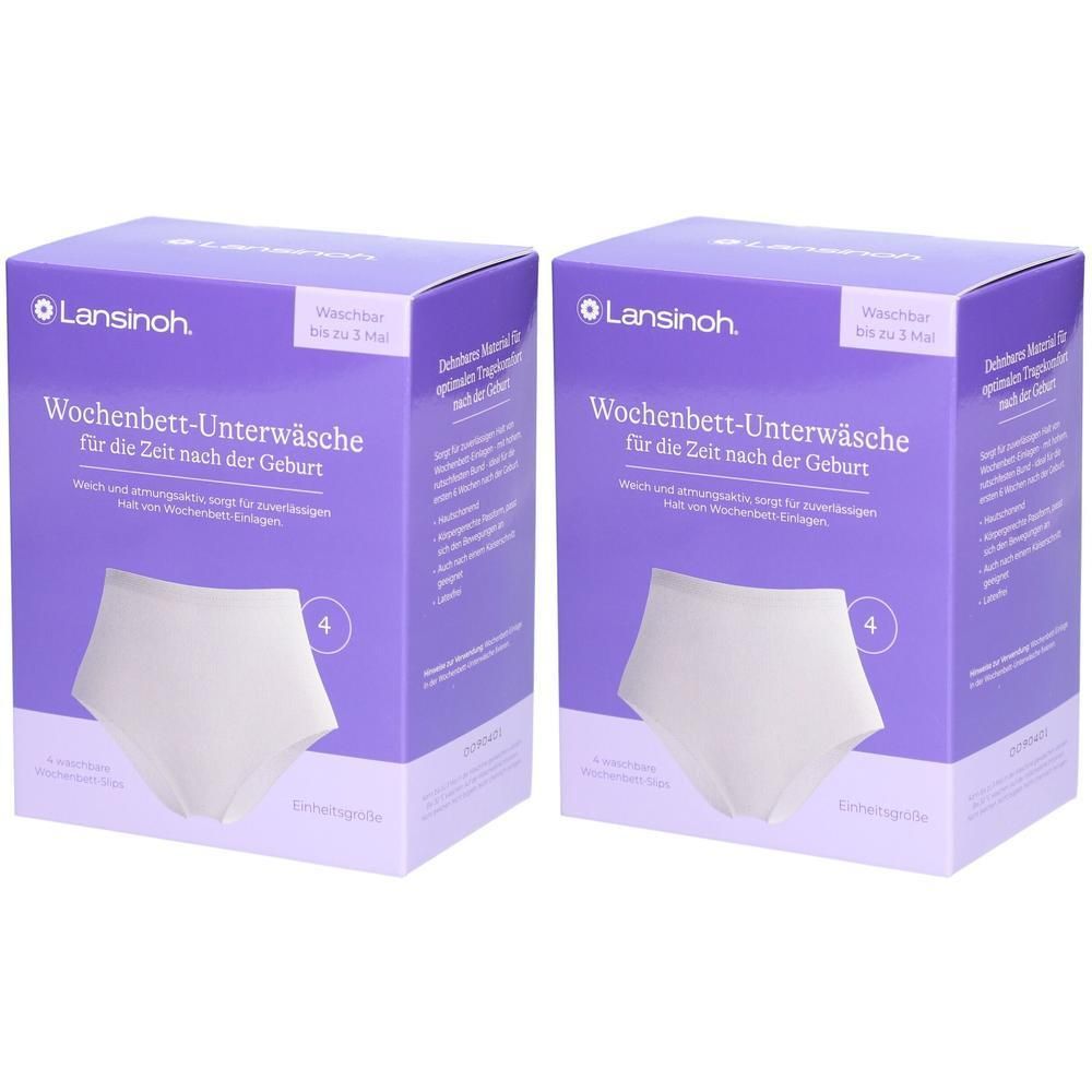 Zwei Packungen Wochenbett-Unterwäsche. Lila Verpackung mit weißer Unterwäsche-Abbildung. Marke: Lansinoh. Text: Wochenbett-Unterwäsche.
