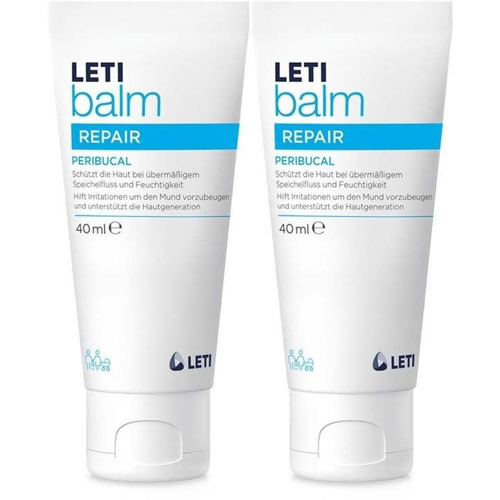 Zwei Tuben LETI balm Repair Peribucal. Weiße Tuben mit blauer Schrift und Logo. Enthält 40 ml.