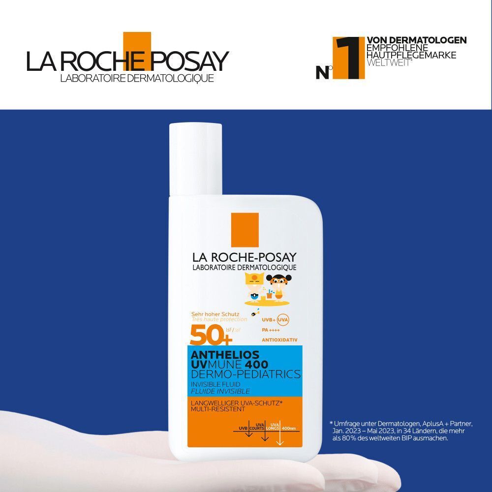 ROCHE-POSAY Anthelios Dermo-Pediatrics Flasche. Weiße Flasche mit blauen und orangen Akzenten. Aufschrift: 50+.