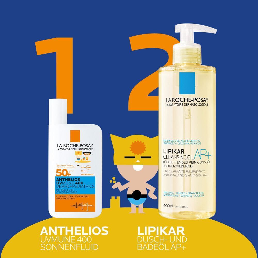 ROCHE-POSAY Anthelios UVmune 400 Sonnenfluid und Lipikar Dusch- und Badeöl. Beide Produkte stehen nebeneinander. Gelber Hintergrund.
