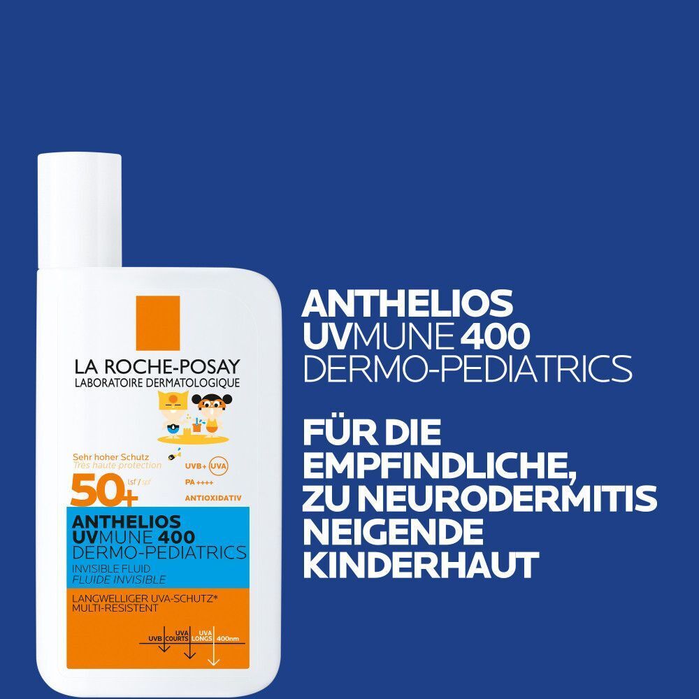 ROCHE-POSAY Anthelios UVmune 400 Dermo-Pediatrics Flasche. Weiße Flasche mit blauen und orangen Akzenten. Text: Für empfindliche, zu Neurodermitis neigende Kinderhaut.
