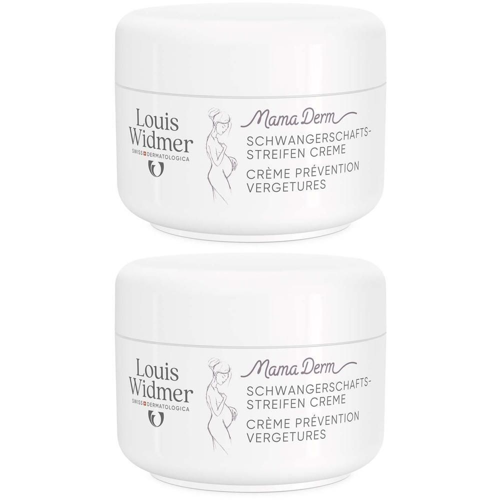 Zwei weiße Tiegel mit Deckel. Aufschrift: Louis Widmer, Mama Derm Schwangerschaftsstreifen Creme. Logo: Frau mit Babybauch.