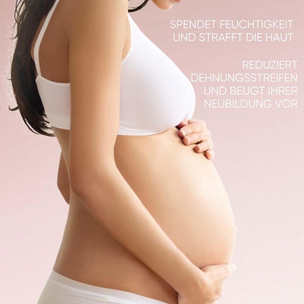 Profil einer schwangeren Frau in weißer Unterwäsche. Text: Spendet Feuchtigkeit und strafft die Haut. Reduziert Dehnungsstreifen.