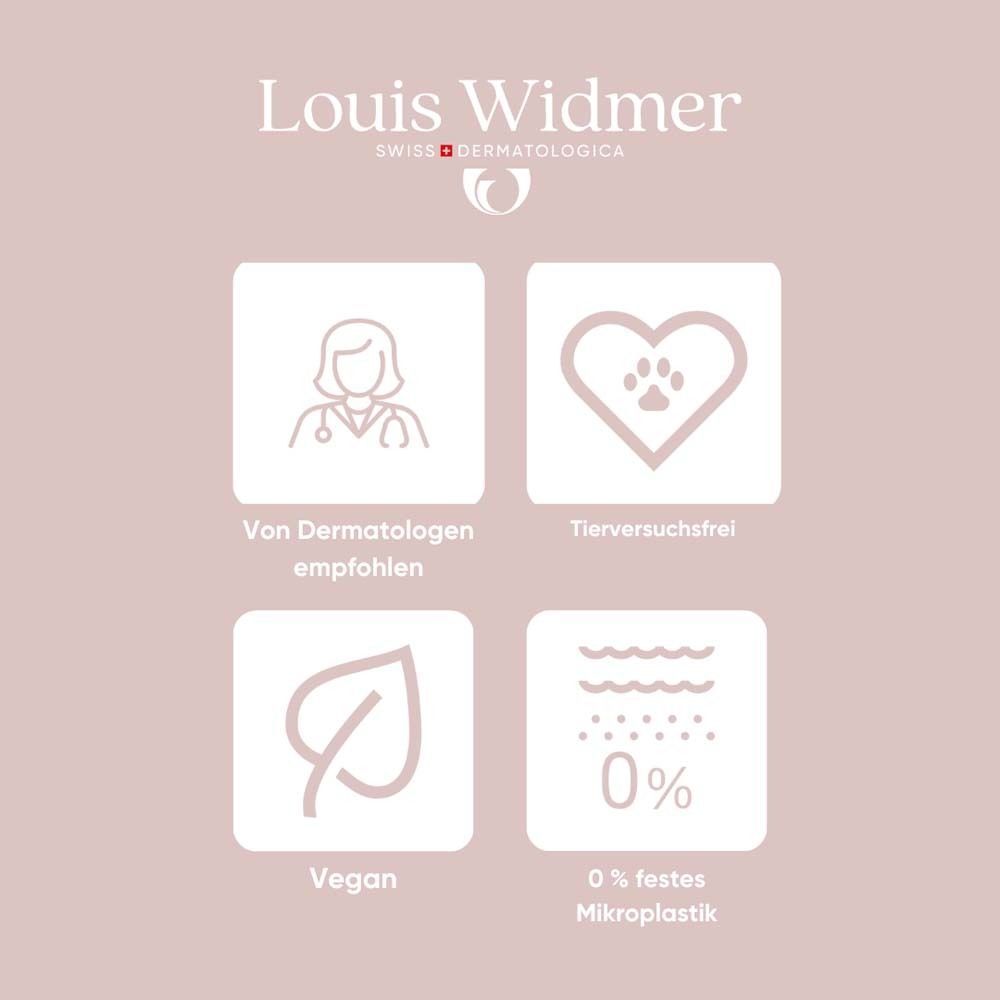 Rosa Hintergrund mit Logos und Text. Louis Widmer Logo. Icons: Dermatologen empfohlen, Tierversuchsfrei, Vegan, 0% festes Mikroplastik.