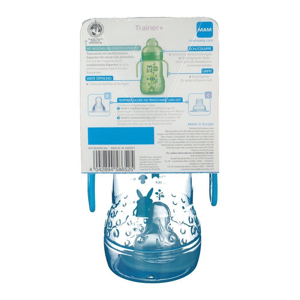 Rückseite der MAM Trainer+ Verpackung. Produktinformationen und Zertifizierungen.