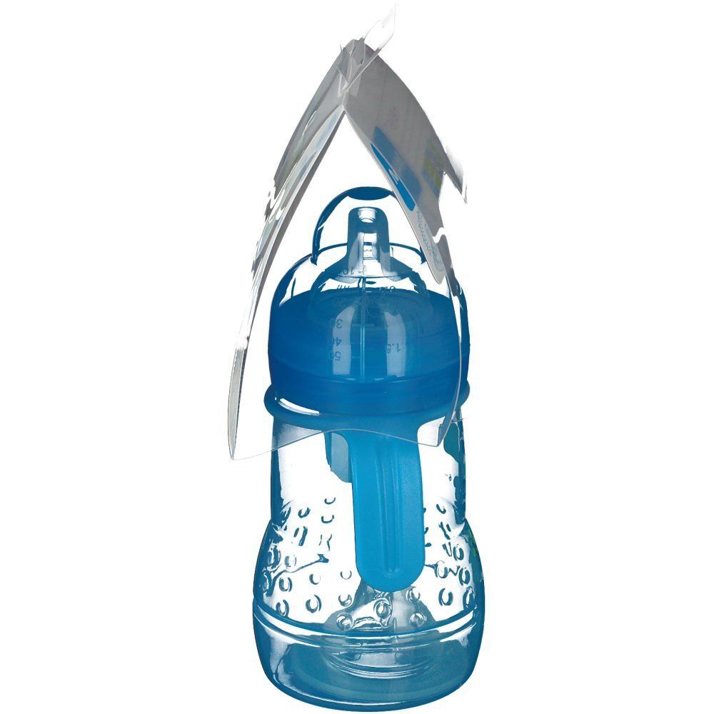Blaue MAM Trainer+ Babyflasche in transparenter Verpackung. Seitenansicht.