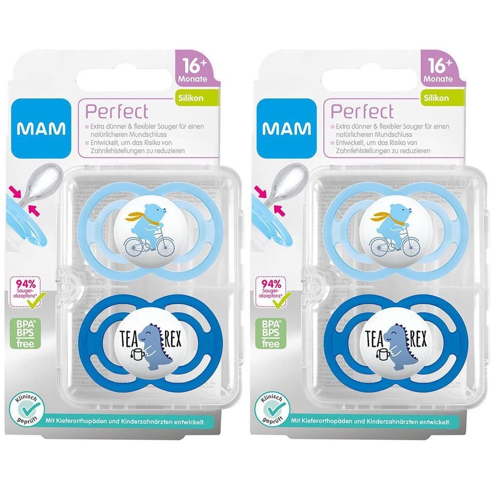 Zwei blaue Schnuller in Verpackung. Aufschrift MAM Perfect, 16+ Monate, Silikon. BPA/BPS-frei. Mit Tier-Motiven: Bär auf Fahrrad und Dino.