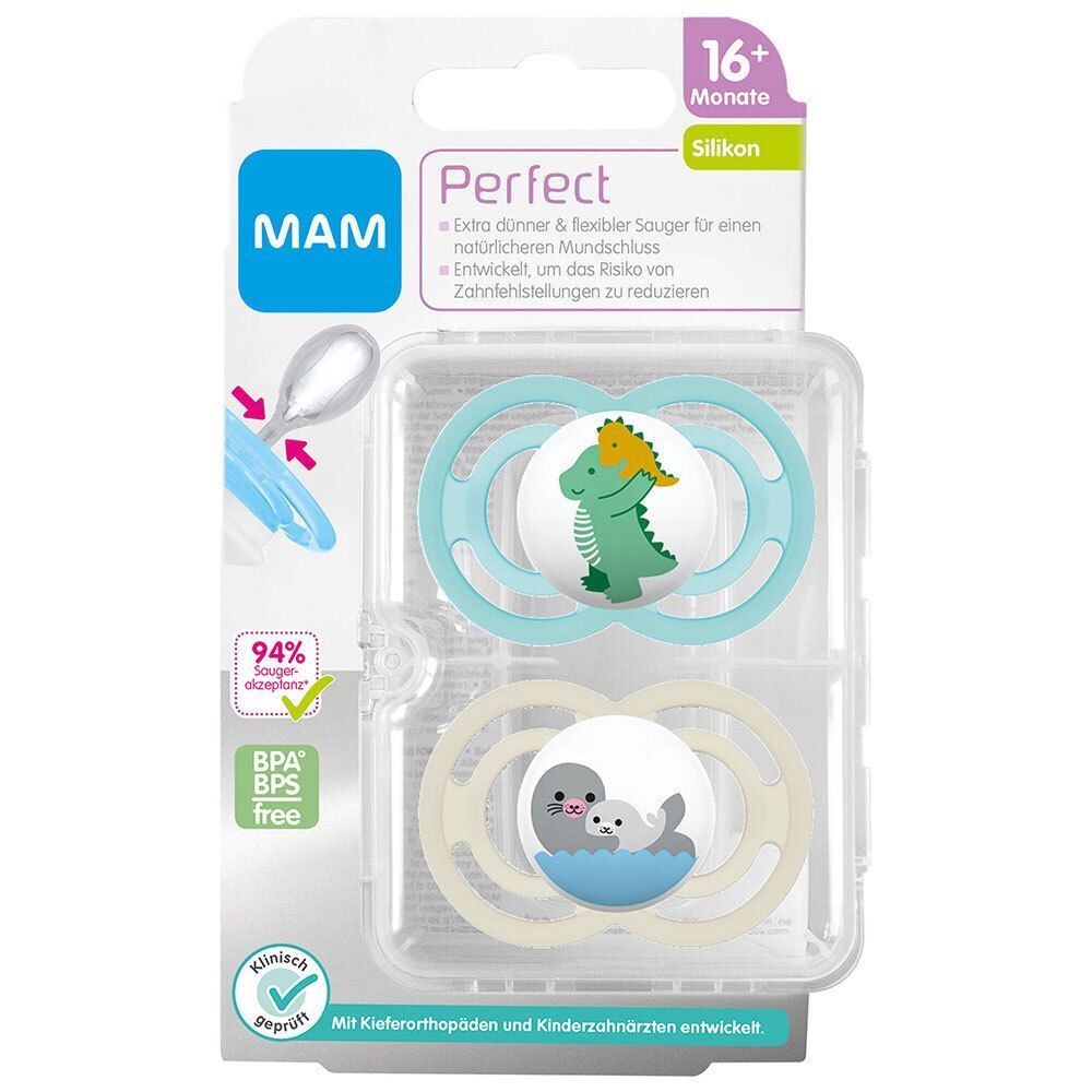 Zwei Schnuller in Verpackung. Aufschrift MAM Perfect, 16+ Monate, Silikon. BPA/BPS-frei. Mit Tier-Motiven: Dino und Seehund mit Baby.