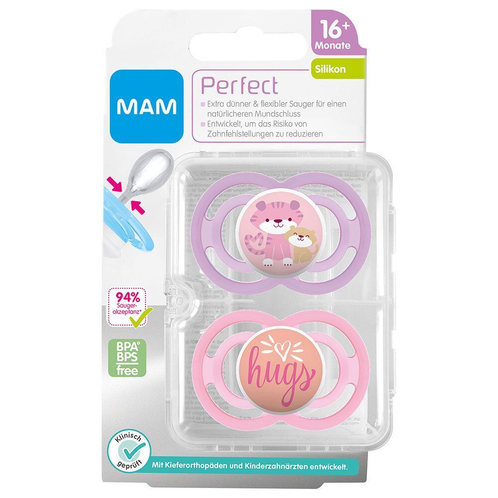 Zwei rosa Schnuller in Verpackung. Aufschrift MAM Perfect, 16+ Monate, Silikon. BPA/BPS-frei. Mit Tier-Motiven: Tiger und Schriftzug 'hugs'.