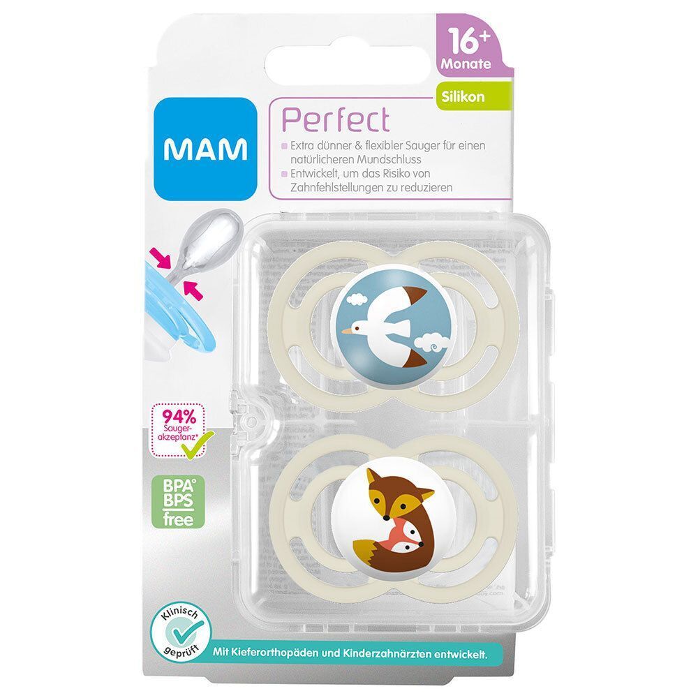 Zwei Schnuller in Verpackung. Aufschrift MAM Perfect, 16+ Monate, Silikon. BPA/BPS-frei. Mit Tier-Motiven: Vogel und Fuchs mit Baby.