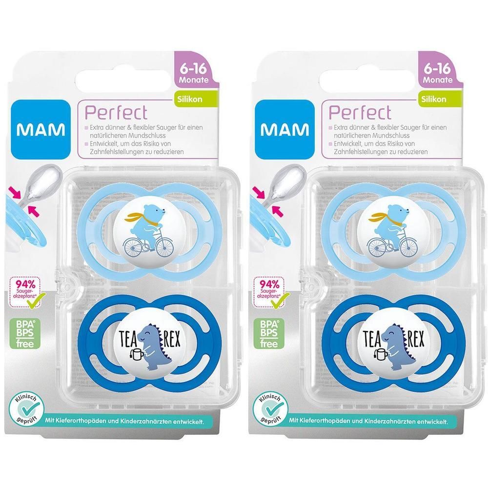 Zwei MAM Perfect Schnuller in Verpackung. Blau und dunkelblau. Alter 6-16 Monate. Silikon. Mit Tier-Motiven: Bär und Dino. BPA/BPS-frei.