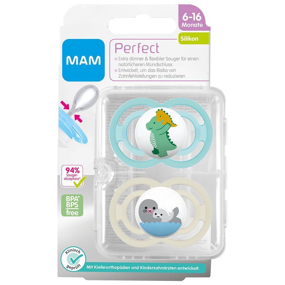 MAM Perfect Schnuller in Verpackung. Grün und beige. Alter 6-16 Monate. Silikon. Mit Tier-Motiven: Dino und Robbe. BPA/BPS-frei.