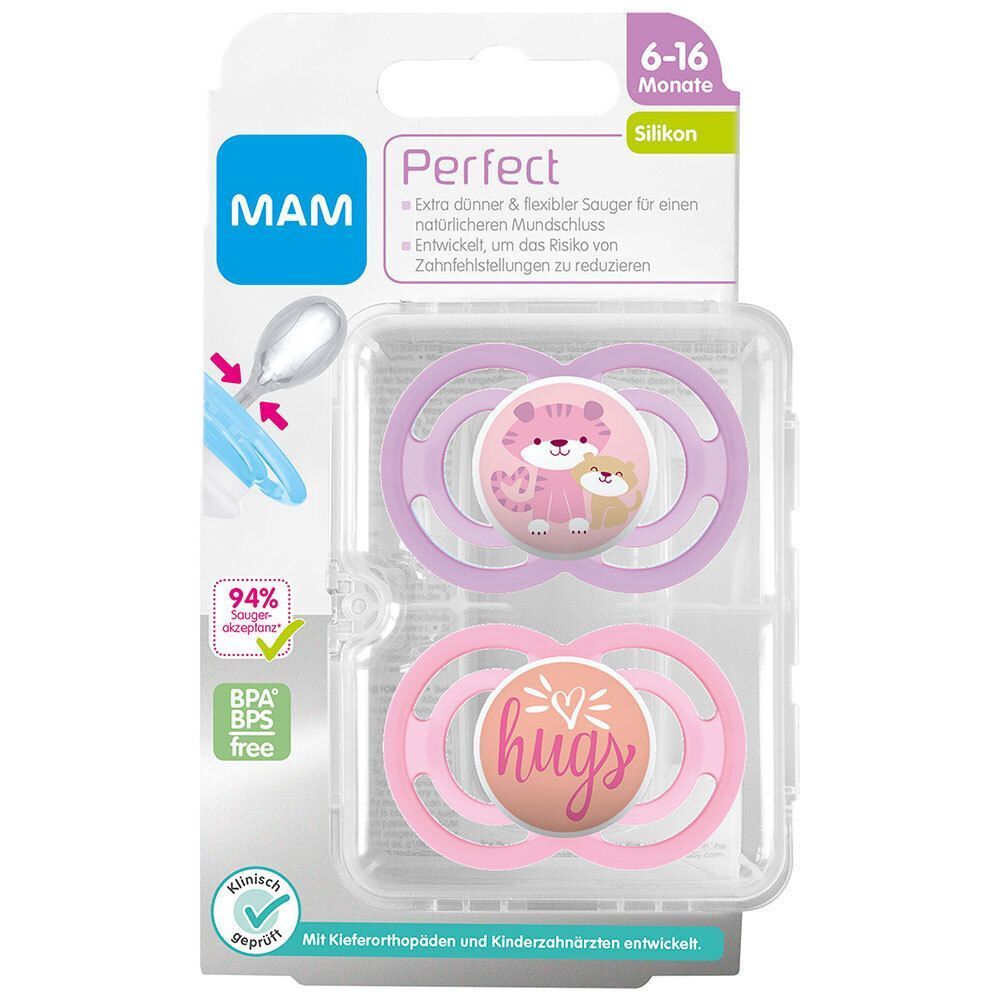MAM Perfect Schnuller in Verpackung. Rosa und pink. Alter 6-16 Monate. Silikon. Mit Tier-Motiven: Tiger und Schriftzug 'hugs'. BPA/BPS-frei.