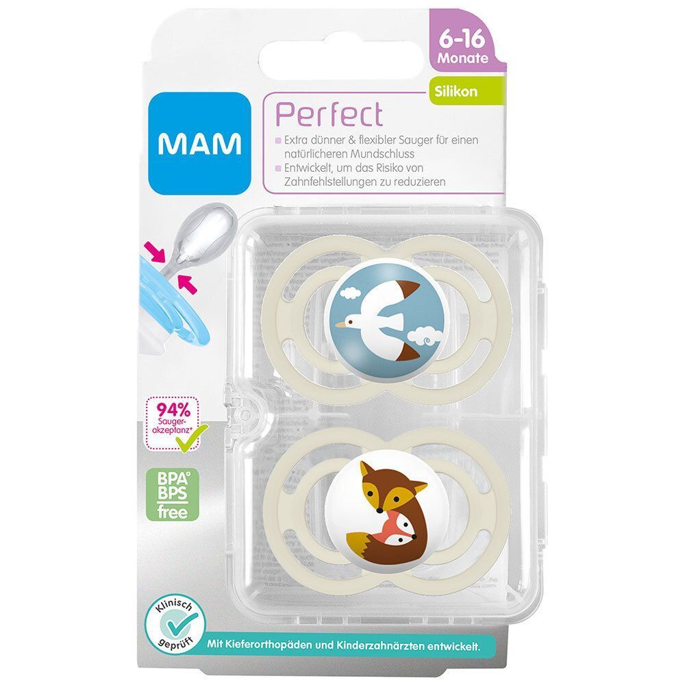 MAM Perfect Schnuller in Verpackung. Beige. Alter 6-16 Monate. Silikon. Mit Tier-Motiven: Vogel und Fuchs. BPA/BPS-frei.