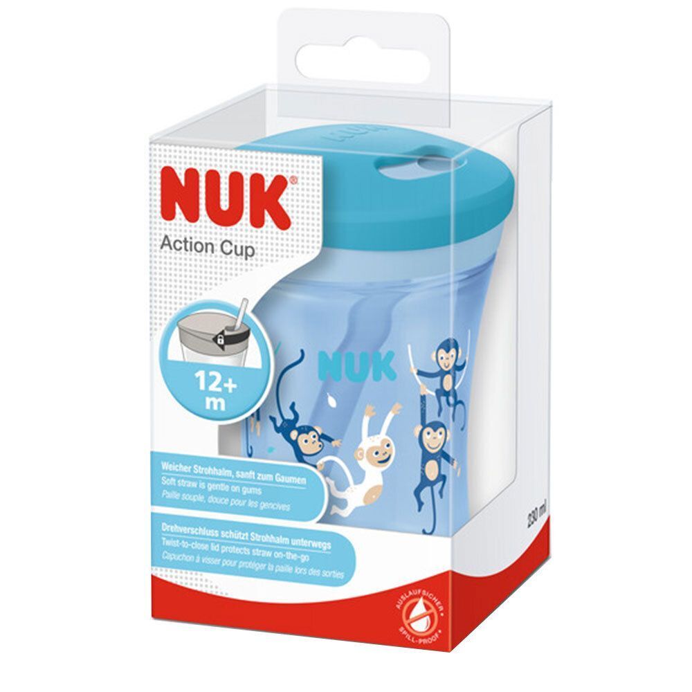 NUK Action Cup in Verpackung. Blauer Deckel, transparenter Becher mit Affen-Motiv. Aufdruck: NUK, 12+ m.