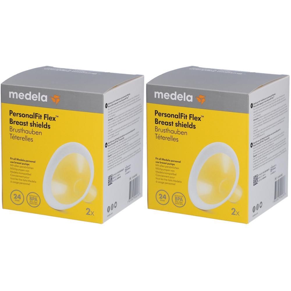 Zwei quadratische Kartons. Aufdruck: Medela PersonalFit Flex Brusthauben. Gelbe Brusthauben-Abbildung. 24 mm, 2 Stück.