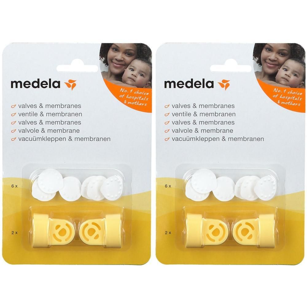 Zwei Packungen Medela Ventile & Membranen. Jede Packung enthält gelbe Ventile und weiße Membranen. Verpackung mit Logo und Text.
