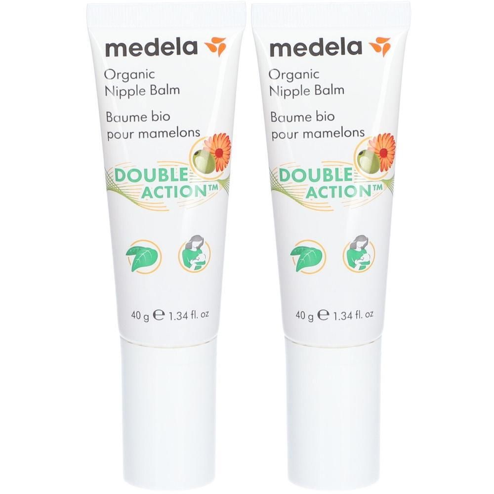 Zwei Tuben mit weißem Hintergrund. Auf jeder Tube steht "medela Organic Nipple Balm".