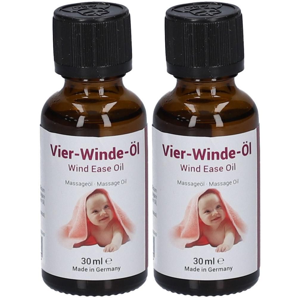 Zwei braune Glasflaschen mit schwarzem Verschluss. Etikett mit Produktnamen, Baby-Illustration und Text. 30 ml.