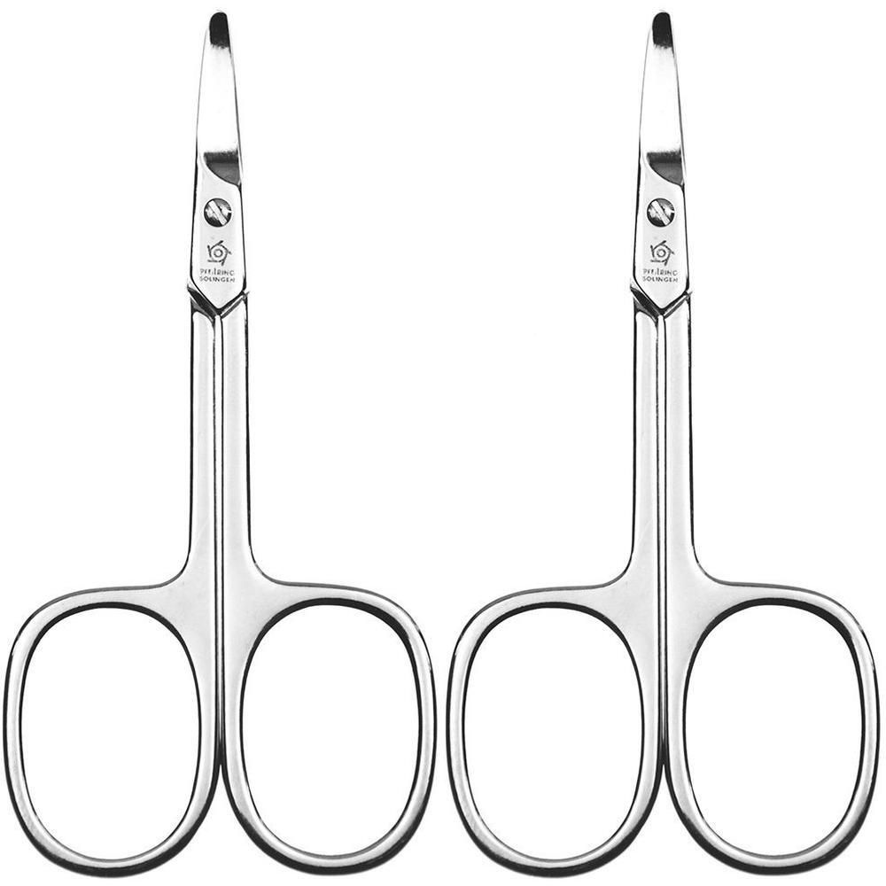 Zwei silberfarbene Babyscheren. Die Scheren haben abgerundete Spitzen und ovale Griffe. Auf den Scherenblättern ist ein Logo eingraviert.