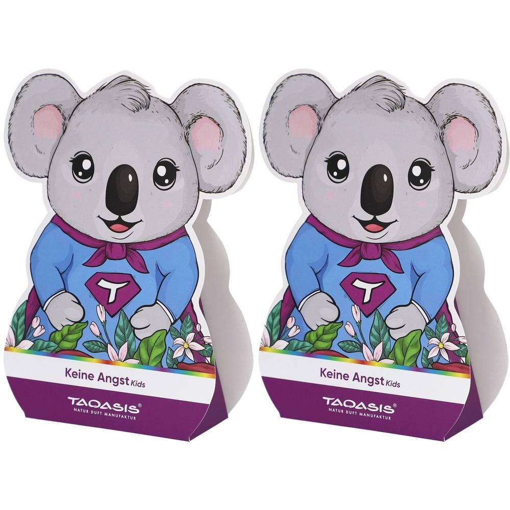 Zwei Koala-Figuren in Superhelden-Kostümen. Aufschrift: Keine Angst Kids. Marke: TAOASIS. Lila und weißes Verpackungsdesign.