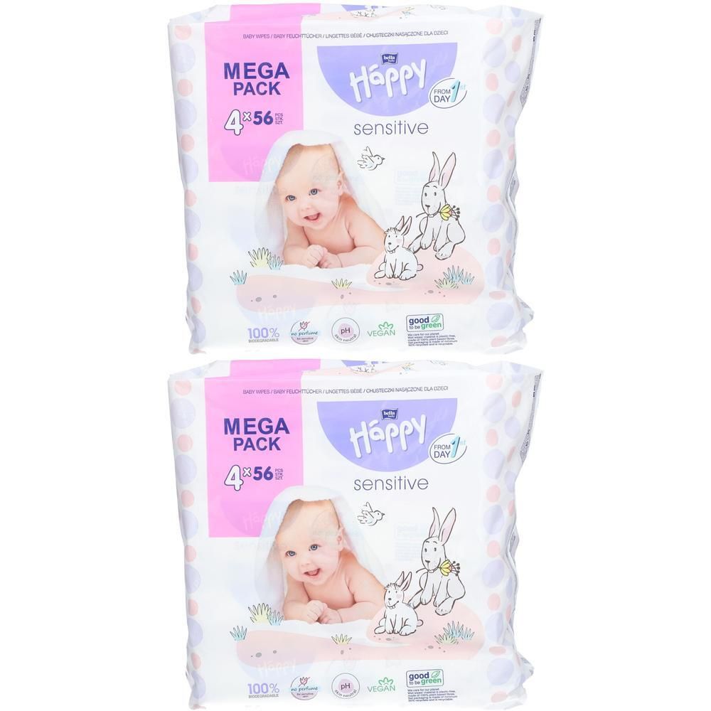 Zwei Packungen Feuchttücher. Aufdruck: Happy Sensitive, Baby, Hase. Rosa und weiß. Mega Pack 4x56.