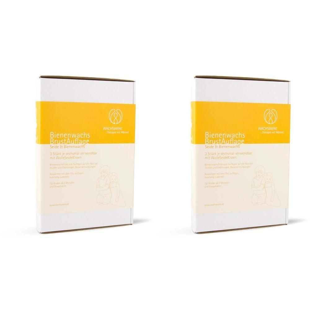 Zwei rechteckige Verpackungen mit gelbem Band. Aufschrift: Bienenwachs BrustAuflage. Logo: ein Kreis mit Blättern.