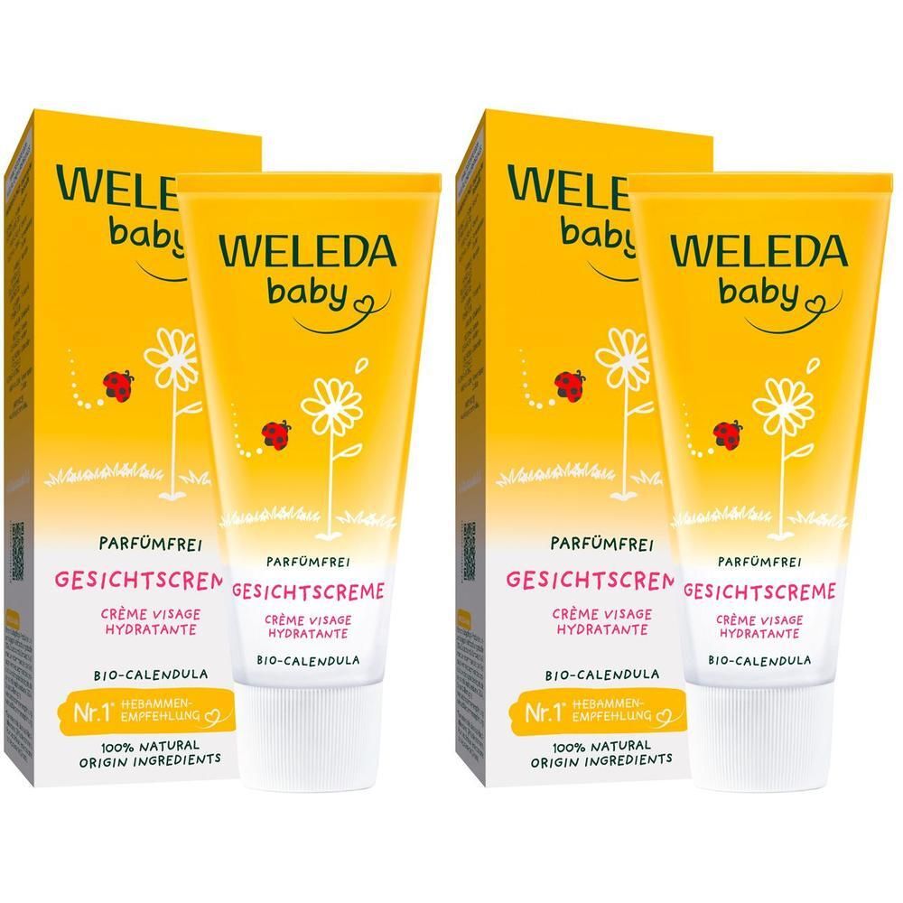 Zwei Packungen WELEDA Calendula Gesichtscreme parfümfrei. Gelbe Tuben und Kartons mit Baby-Motiv und Produktinformationen.