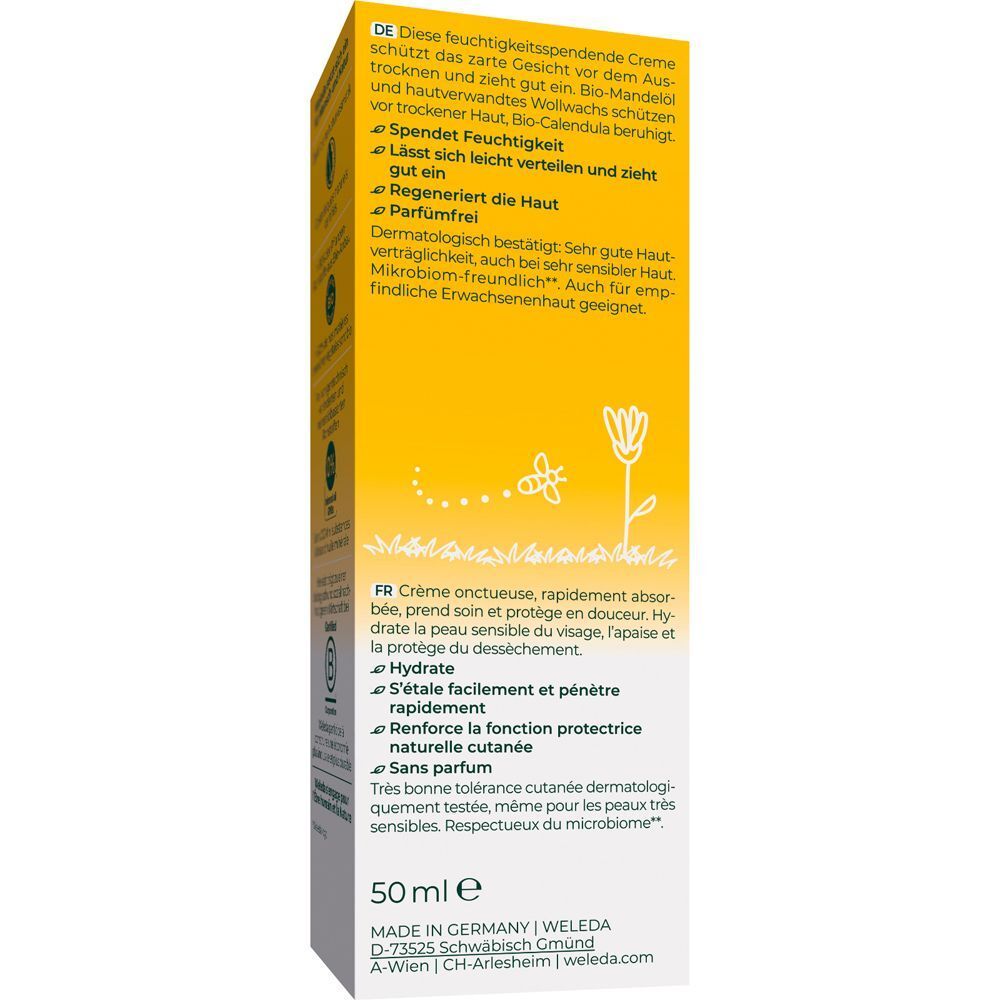 Rückseite einer gelben Verpackung. Text in Deutsch und Französisch. Produktinformationen und Inhaltsstoffe.