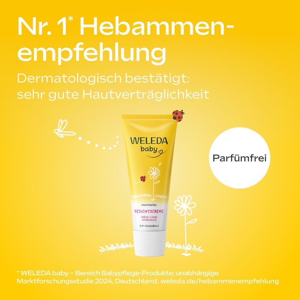 Gelbe Tube WELEDA Baby Gesichtscreme parfümfrei. Text: Nr. 1 Hebammenempfehlung. Dermatologisch bestätigt: sehr gute Hautverträglichkeit.