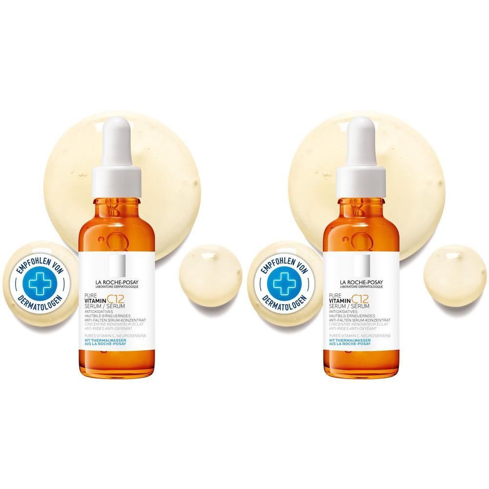 Zwei Flaschen ROCHE-POSAY Pure Vitamin C12 Serum mit Tropfer. Gelbe Flüssigkeit in orangefarbenen Glasflaschen. Aufkleber mit weißem Hintergrund.