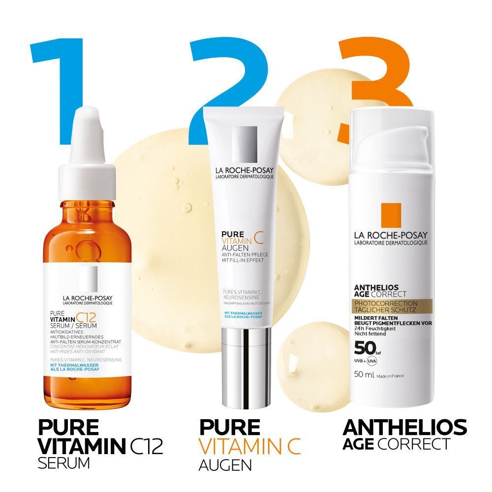 Drei Produkte: ROCHE-POSAY Pure Vitamin C12 Serum, Pure Vitamin C Augen, Anthelios Age Correct. Alle mit Tropfern und weißen Verpackungen.