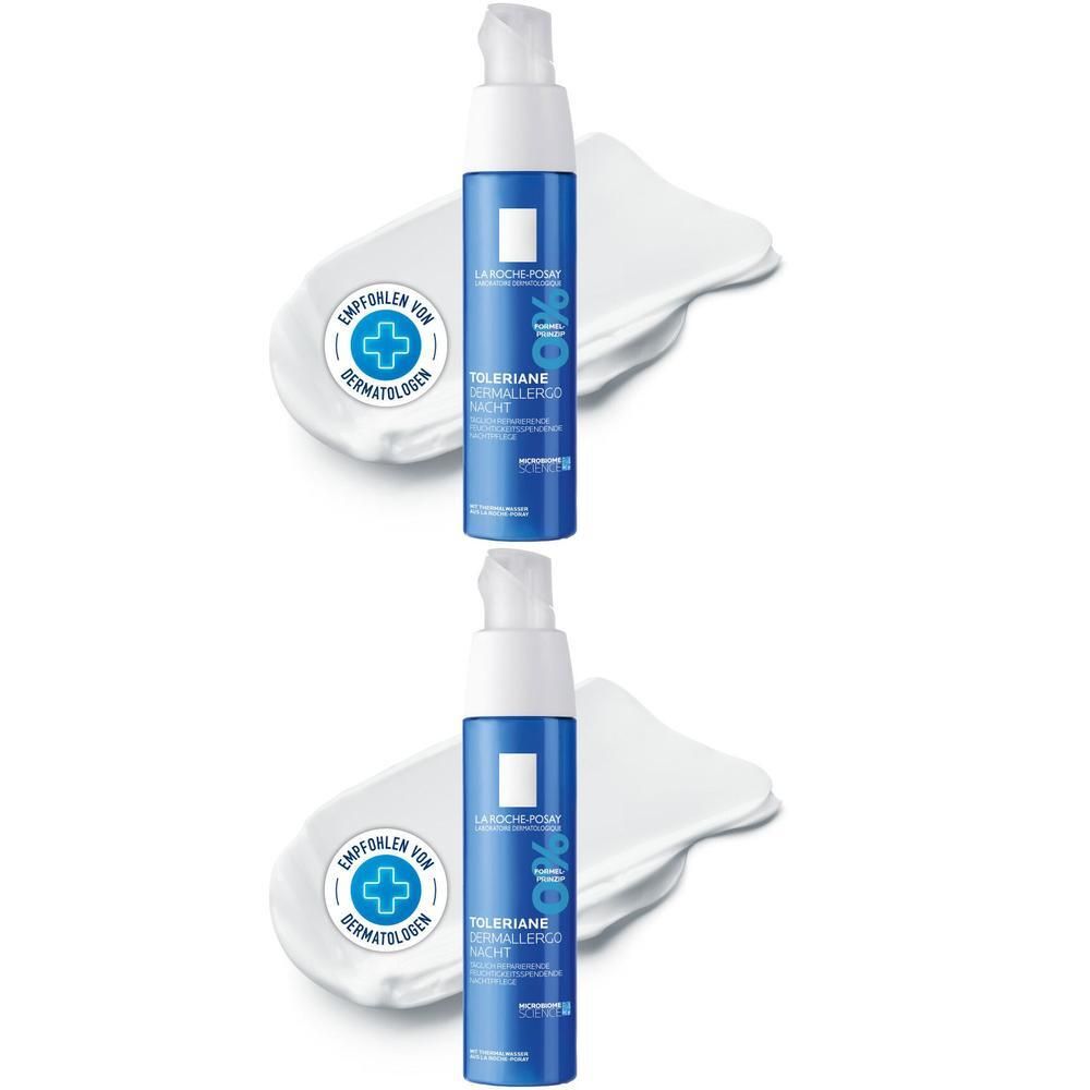 Zwei blaue Flaschen ROCHE-POSAY Toleriane Dermallergo Nachtcreme. Auf weißem Untergrund mit Creme-Ausstreichungen und Logo.