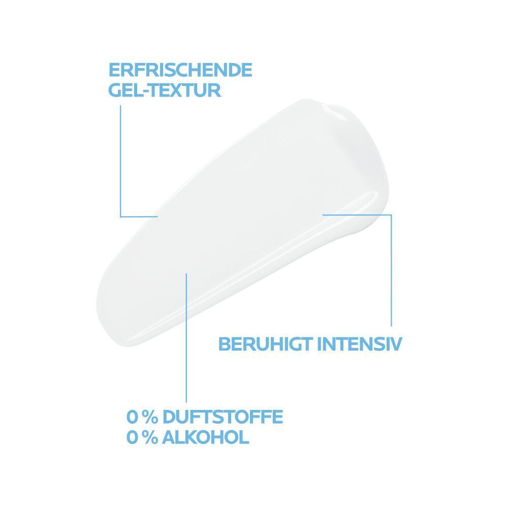 Weißer Creme-Ausstrich. Text: Erfrischende Gel-Textur, beruhigt intensiv, 0% Duftstoffe, 0% Alkohol.