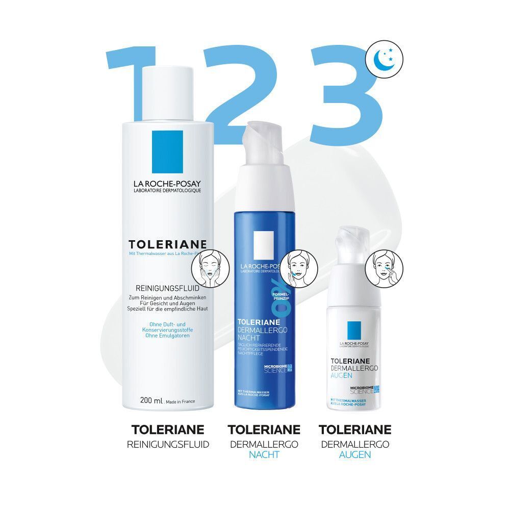 Drei Produkte: Toleriane Reinigungsfluid, Nachtcreme und Augencreme. Anordnung mit Zahlen 1, 2, 3 und Mondsymbol.