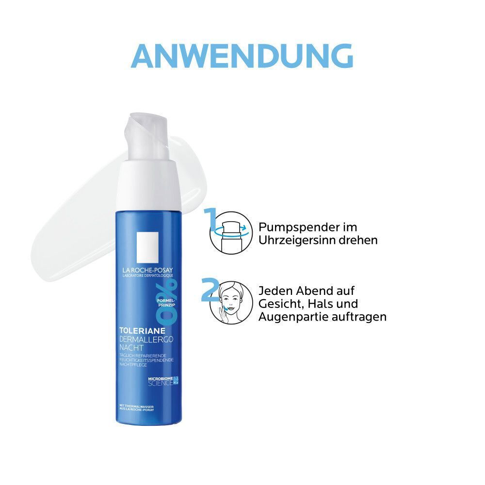 Anwendung: Flasche drehen, abends auf Gesicht, Hals und Augenpartie auftragen. Abbildung und Text.