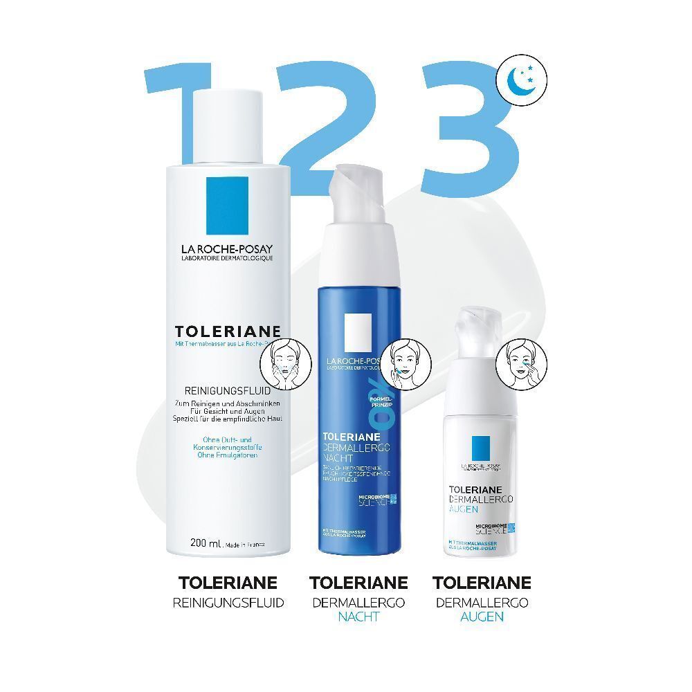 Drei Produkte: Toleriane Reinigungsfluid, Nachtcreme und Augencreme. Anordnung mit Zahlen 1, 2, 3 und Mondsymbol.