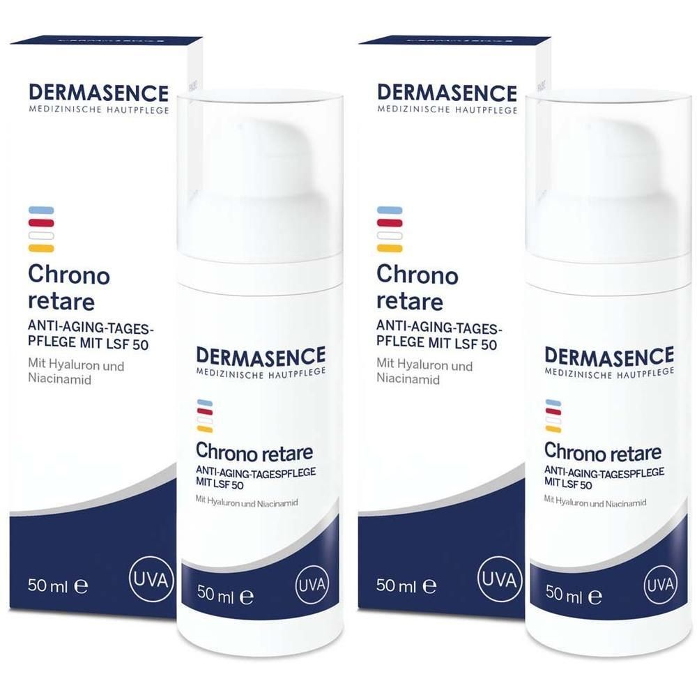 Drei weiße Flaschen mit Produktverpackung. Aufschrift: DERMASENCE Chrono retare Anti-Aging-Tagespflege LSF 50. 50 ml. Mit Hyaluron und Niacinamid.