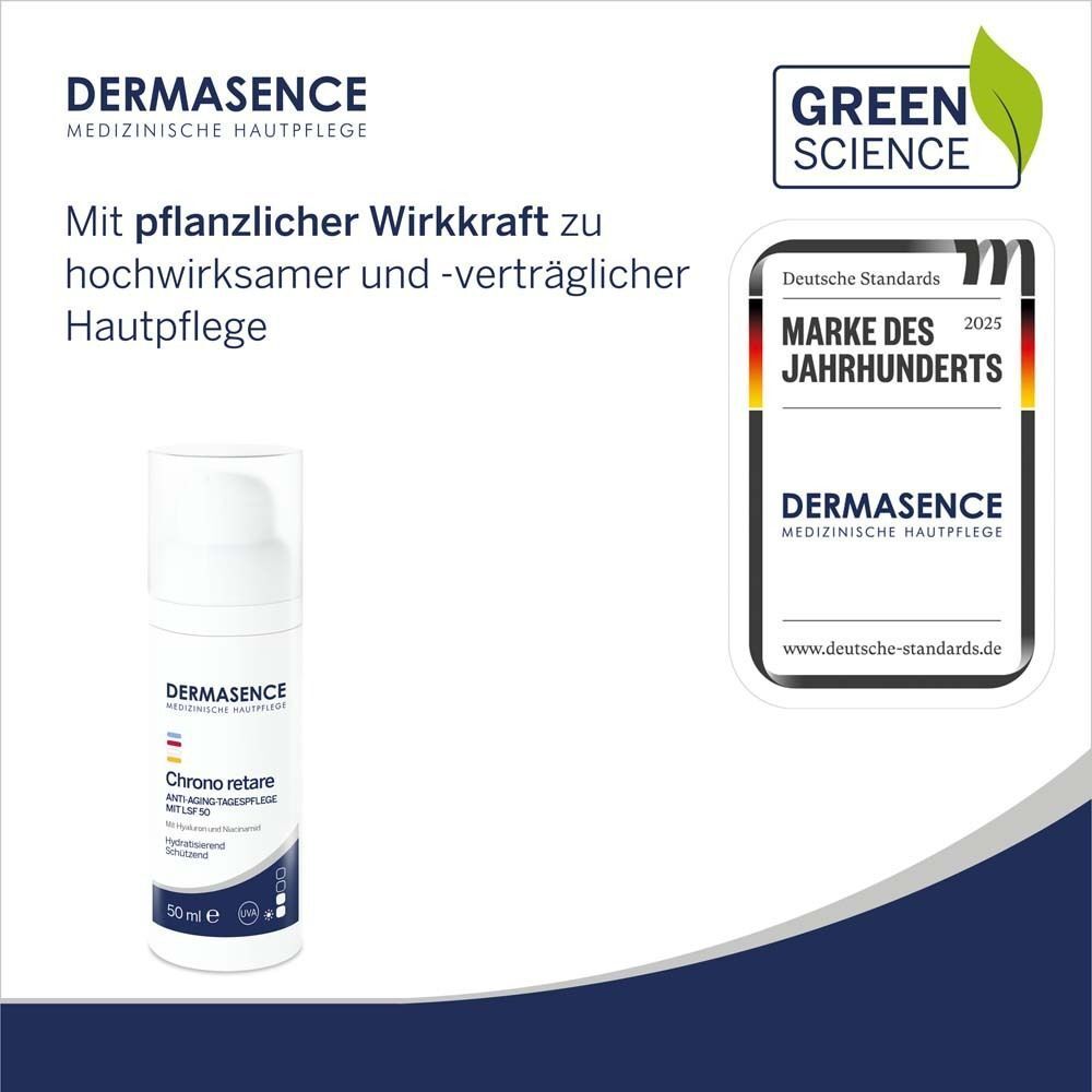 Weiße Flasche mit Produktverpackung. Aufschrift: DERMASENCE Chrono retare Anti-Aging-Tagespflege LSF 50. 50 ml. Mit Hyaluron und Niacinamid. Green Science Siegel.