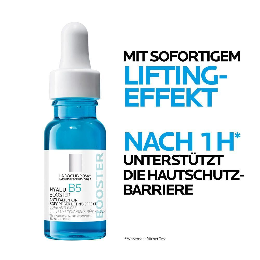 Hyalu B5 Booster Flasche mit Pipette. Text: Mit sofortigem Lifting-Effekt. Nach 1H. Unterstützt die Hautschutzbarriere.