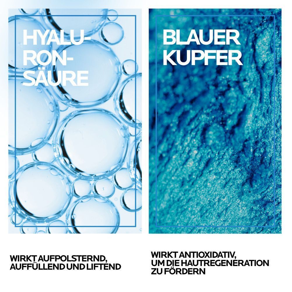 Zwei Textfelder. Links: Hyaluronsäure. Rechts: Blauer Kupfer. Text: Wirkt aufpolsternd, auffüllend und liftend. Wirkt antioxidativ.