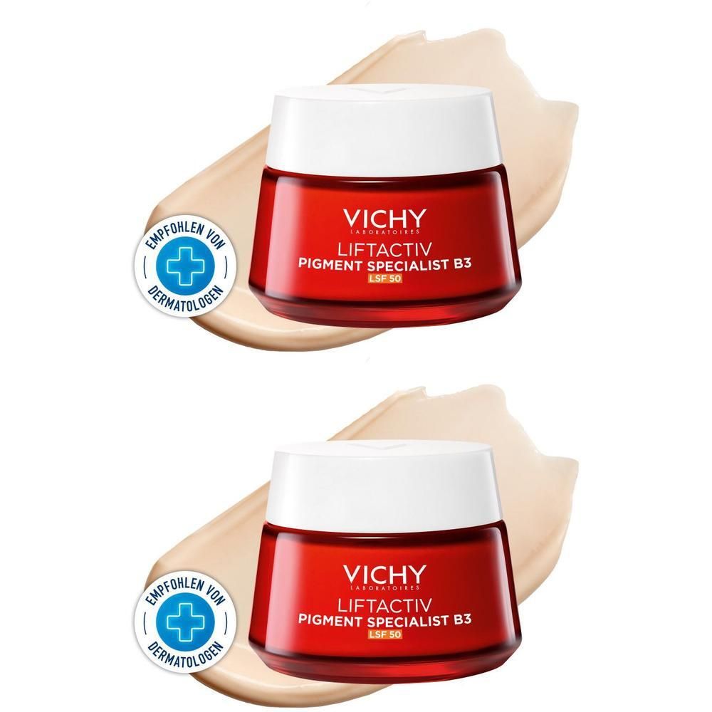 Zwei rote Tiegel mit weißem Deckel. Aufschrift: VICHY LIFTACTIV B3. Dermatologisch getestet.