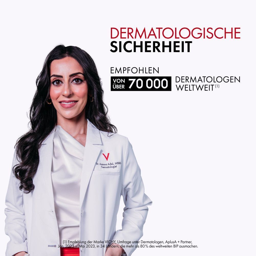 Frau mit weißem Kittel. Text: DERMATOLOGISCHE SICHERHEIT. Empfohlen von über 70.000 Dermatologen.