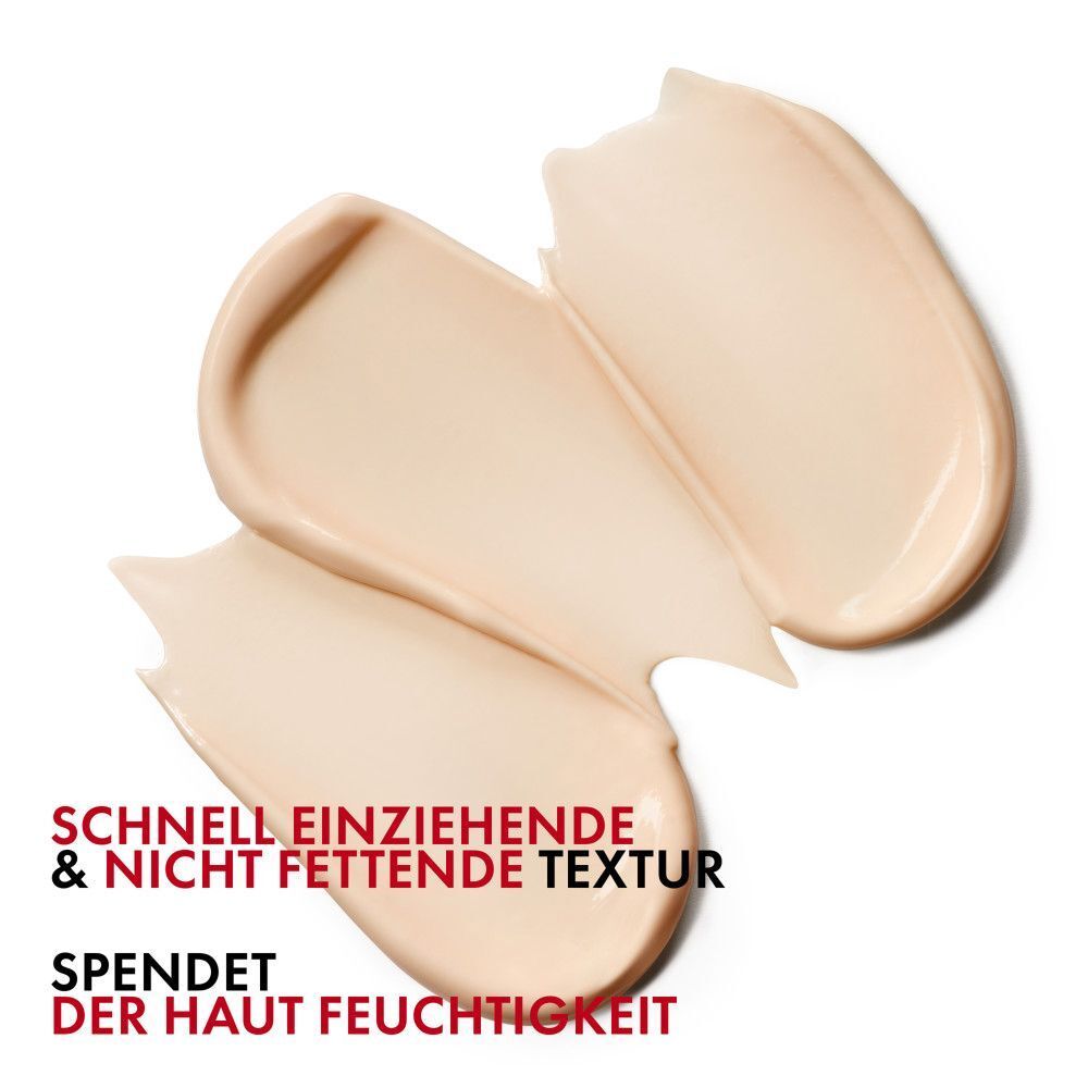 Drei cremefarbene Produktstriche. Text: SCHNELL EINZIEHENDE & NICHT FETTENDE TEXTUR.