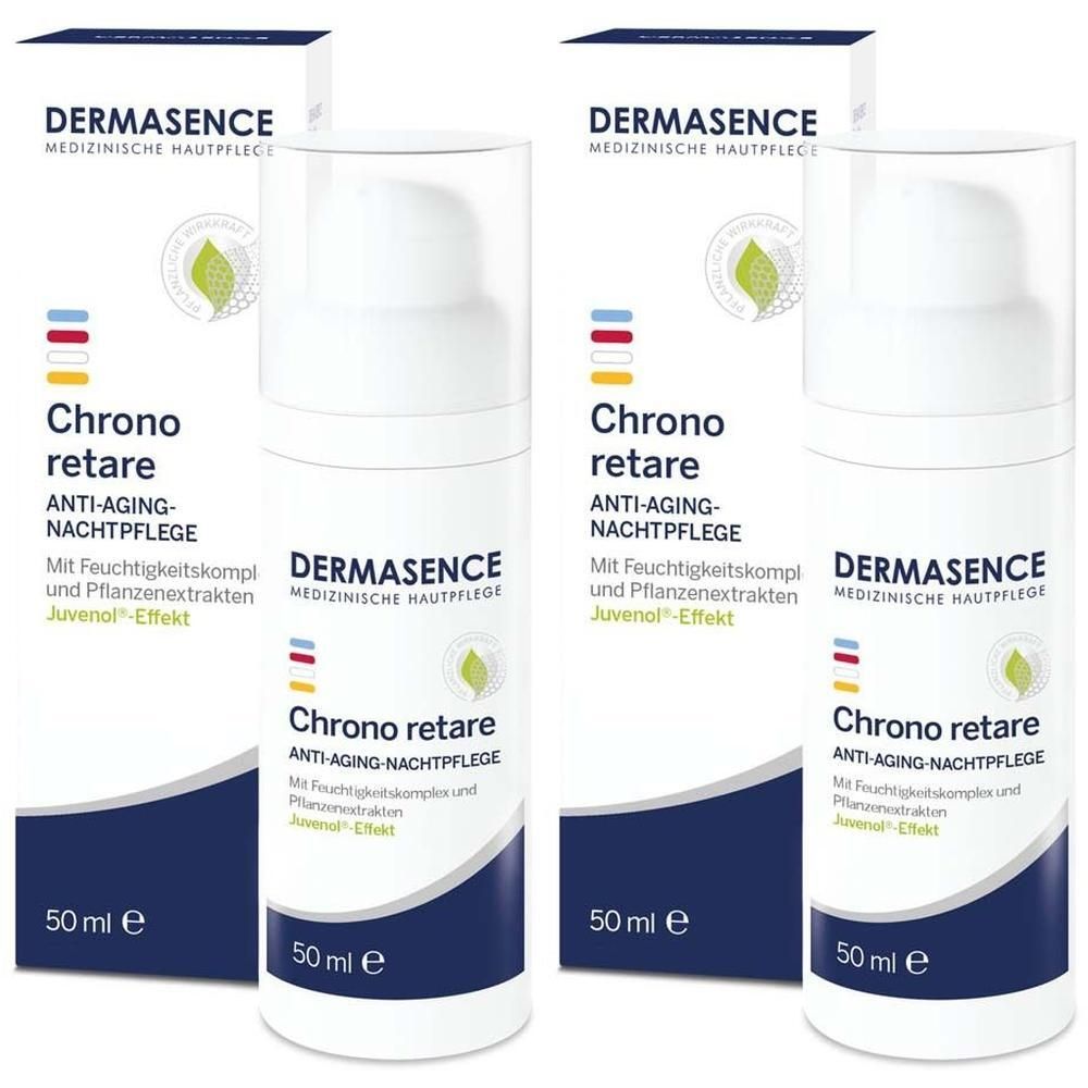 Mehrere weiße Pumpflaschen mit Produktetikett. Aufschrift: DERMASENCE, Chrono retare Anti-Aging-Nachtpflege. 50 ml.