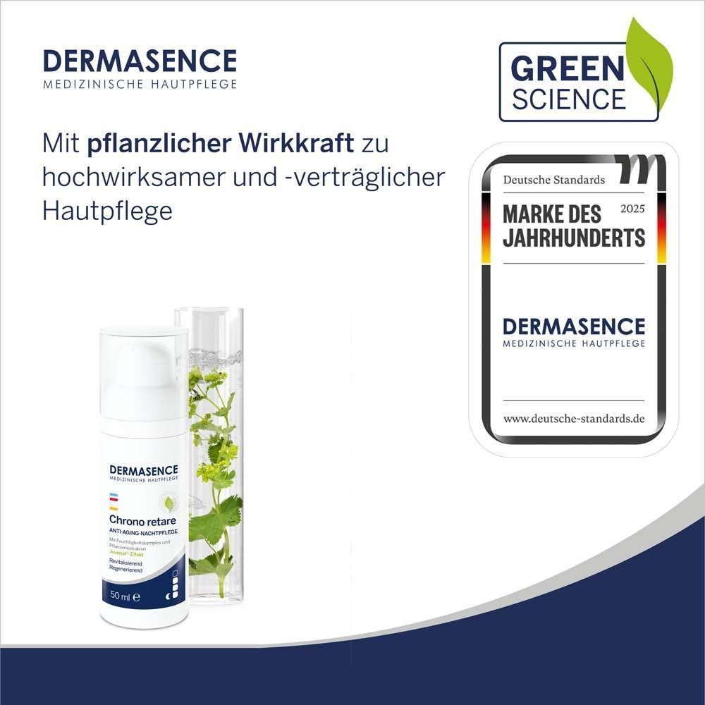Weiße Pumpflasche mit Produktetikett und grüner Pflanzenabbildung. Aufschrift: DERMASENCE, Chrono retare Anti-Aging-Nachtpflege. Siegel: Marke des Jahrhunderts.