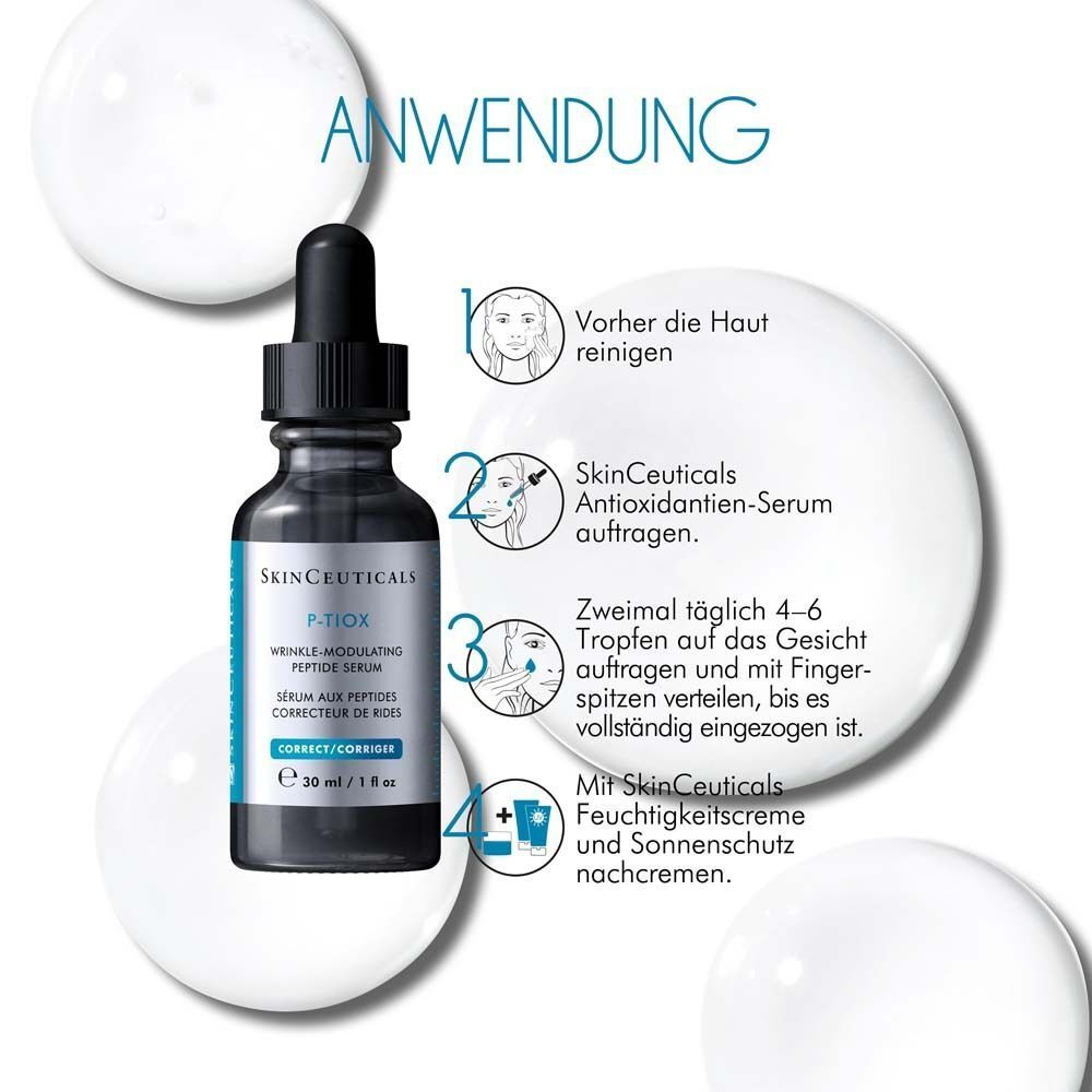Anwendungsgrafik. SkinCeuticals P-TIOX Serum-Flasche. Anweisungen: Reinigen, Serum auftragen, Feuchtigkeitspflege.