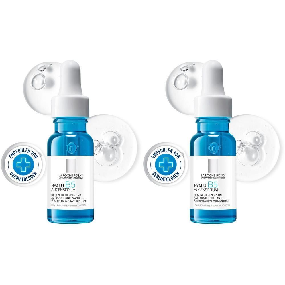 Zwei blaue Flaschen Hyalu B5 Augenserum mit Pipette. Dermatologen empfohlen. Transparente Flüssigkeit.