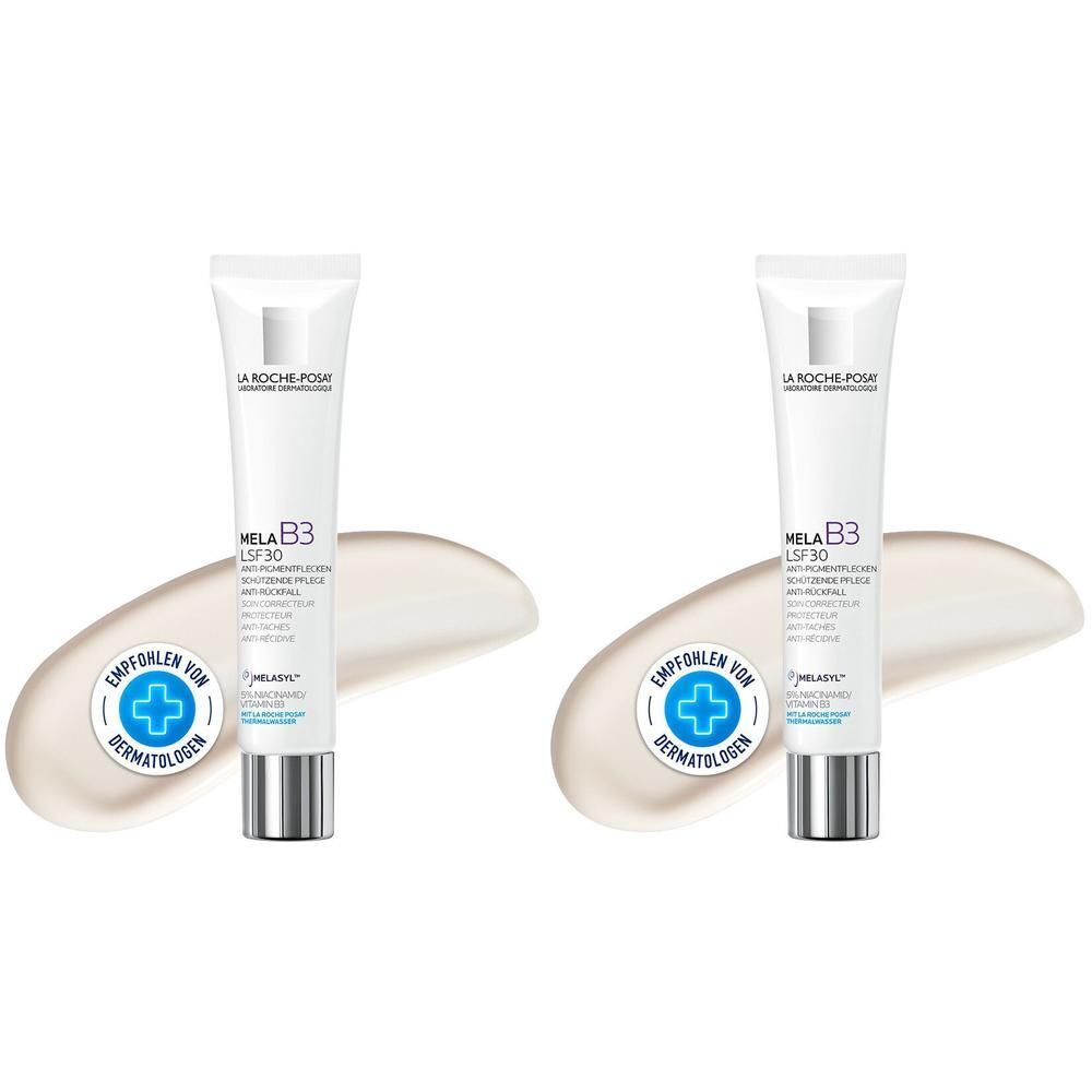 Zwei Tuben ROCHE-POSAY MELA B3 LSF 30 Pflegecreme. Weiße Tuben mit silbernem Verschluss. Aufdruck: MELA B3, LSF 30, Anti-Pigmentflecken.