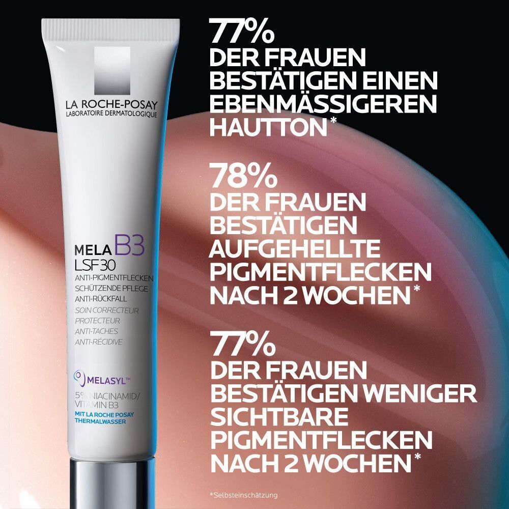 Text: 77% der Frauen bestätigen einen ebenmäßigeren Hautton. 78% bestätigen aufgehellte Pigmentflecken nach 2 Wochen. 77% weniger sichtbare Pigmentflecken.